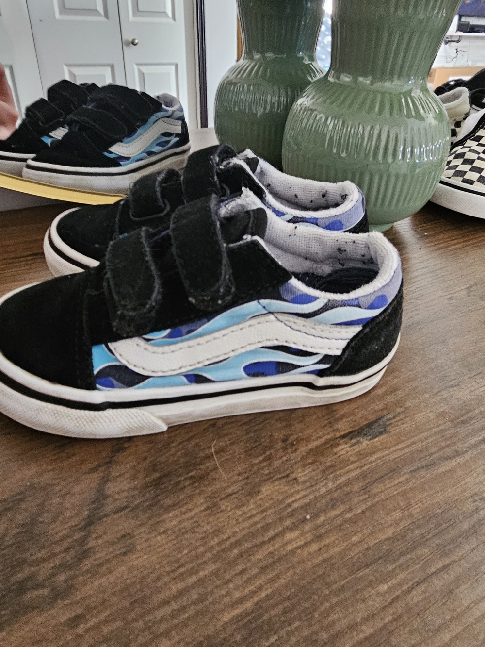 Vans Toddler Black and Blue Flames Velcro Sneakers- Size 7